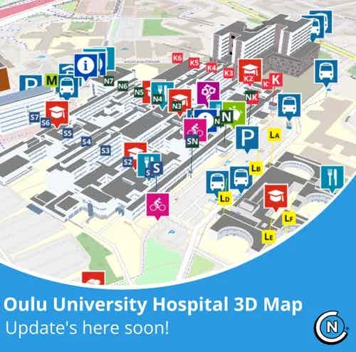 Kvalitetskorridoren genomförs mellan objekten på kartan, som i denna Uleåborgs universitetssjukhus 3D-modell. Med hjälp av den dynamiska kartan i en mobil enhet är det enkelt och säkert att röra sig i området och inne i byggnader.  